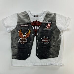 Harley-Davidson White Tee with Black Vest and Orange Eagle Patch